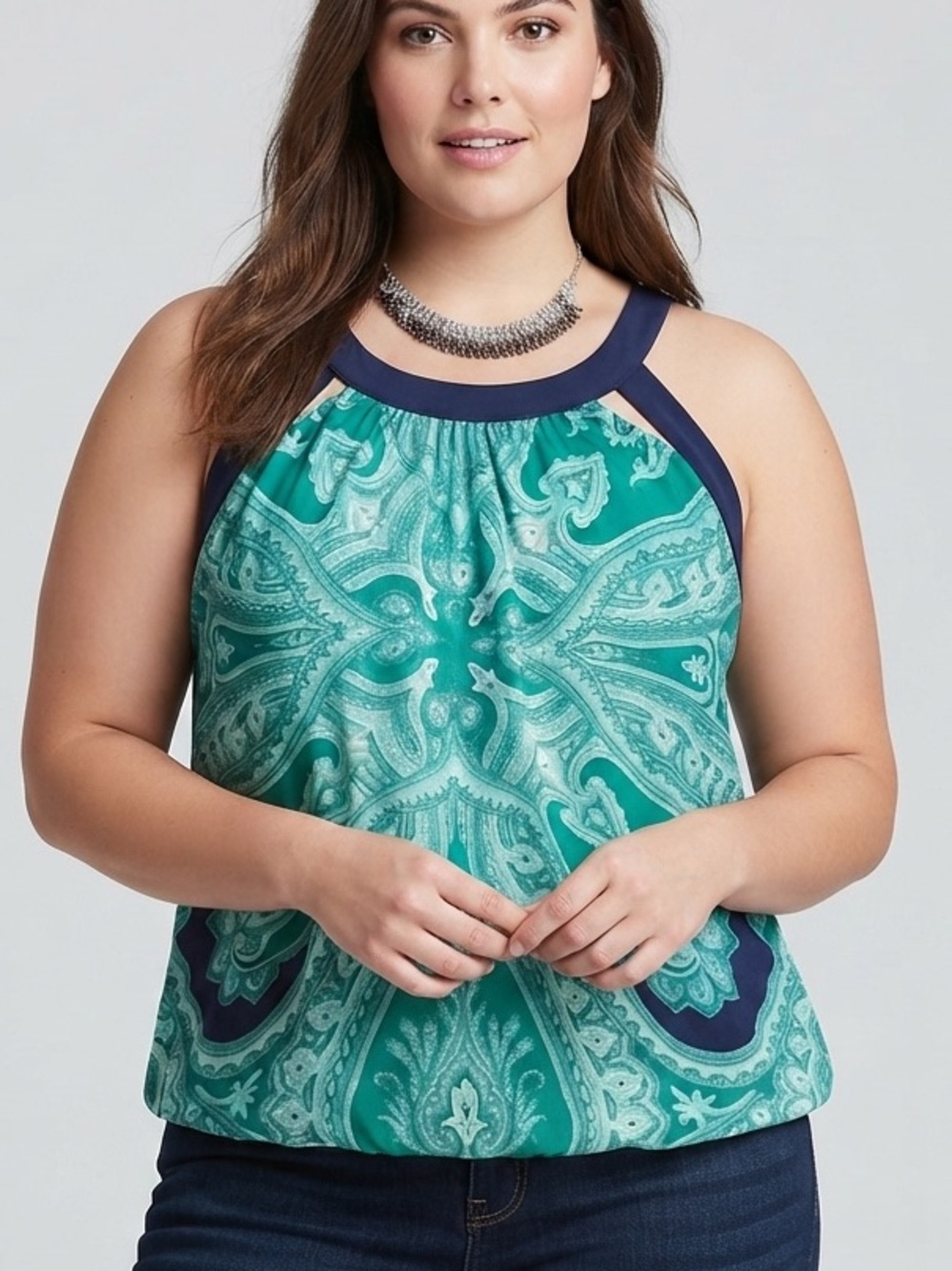 😍CLEARANCE LILY MORGAN Green Paisley Tank with Navy Trim XL